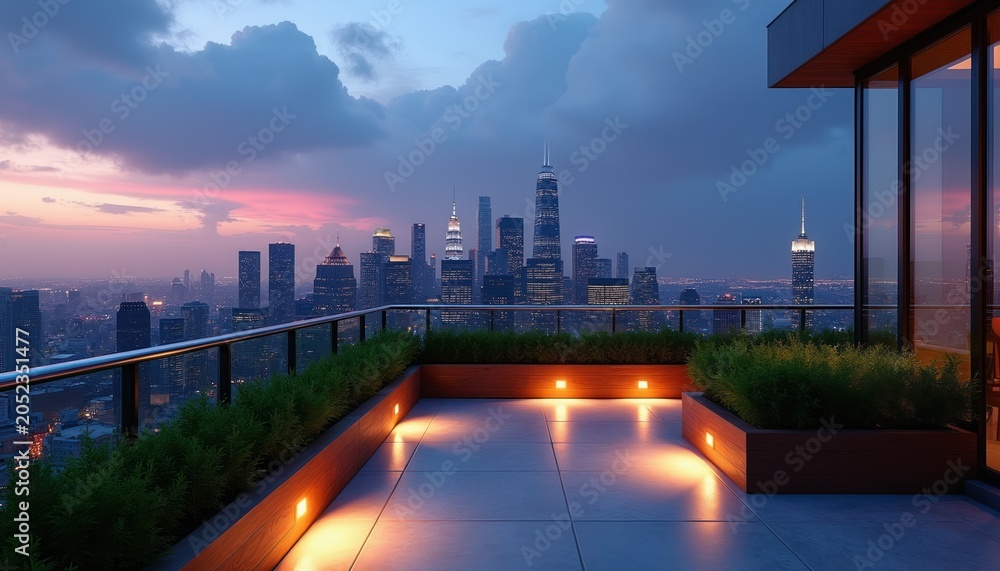 Naklejka premium City skyline at dusk seen from rooftop terrace. Modern apartment balcony overlooks illuminated skyscrapers. Blue hour sky with pink clouds above buildings.
