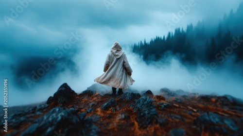 A cloaked figure stands on rocky terrain, surrounded by misty hills and dense fog, creating an atmosphere of intrigue and mystery that inspires imagination and exploration.