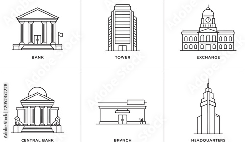 Konstfotografi Architectural line art icons of financial buildings including bank tower exchange and headquarters