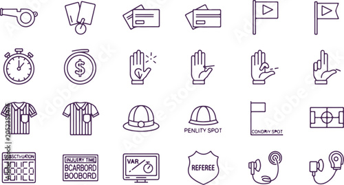 Bild auf Leinwand Set of sports icons including referee whistle stopwatch shirt flags penalty spot and soccer field with VAR and substitution board