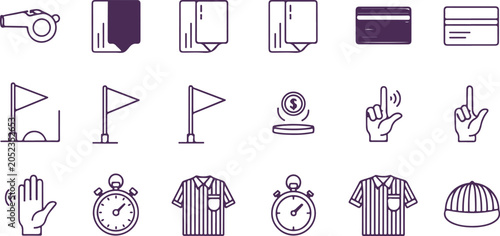 Schilderij op canvas Collection of sports graphics including whistle cards stopwatch referee shirt flags penalty spot and soccer field