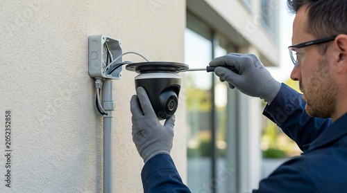 Technician installing modern security surveillance camera on wall
