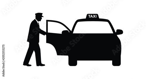 Bild auf Leinwand Taxi And Chauffeur Silhouette Against White Background