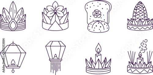 Obraz na plátne Loy Krathong festival celebration elements with floating lanterns, candle, flower, and lotus offerings for Thai culture