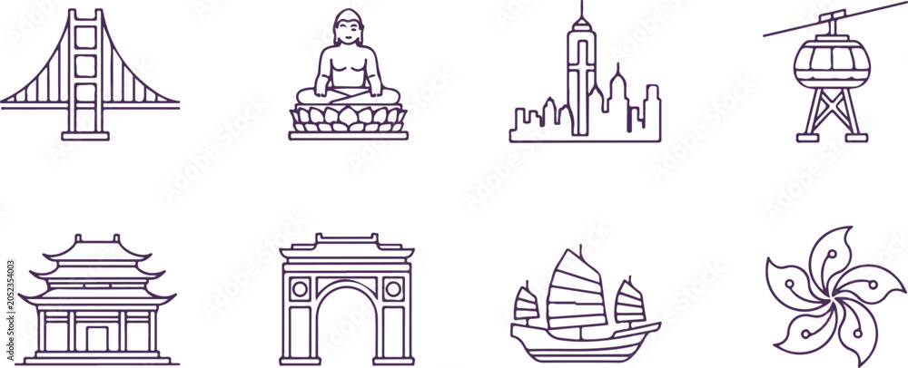 Naklejka premium Famous world landmarks and cultural icons including Golden Gate Bridge, Buddha, Empire State Building, cable car, pagoda.