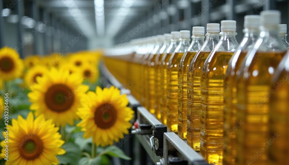 Fototapeta premium Rows of bottled sunflower oil move on conveyor belt. Bright yellow sunflowers grow nearby. Industrial production of cooking oil in a modern facility.