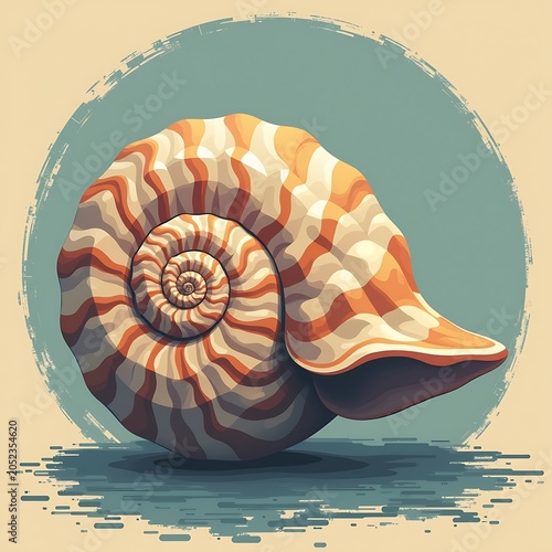 Vintage nautilus seashell with orange stripes in a teal circular frame. This marine art graphic is perfect for beach house decor, educational blogs, and coastal stationery design.