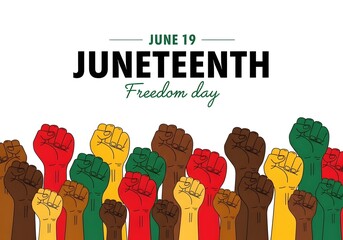June 19 Juneteenth Freedom Day Diverse Raised Fists Unity Illustration