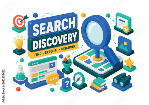 Search Discovery Icons , oversized search magnifier with bold geometric depth, floating result blocks and discovery platform accents, asymmetric editorial layout, electric blue and deep teal with warm