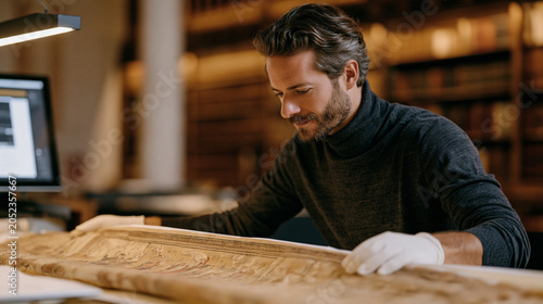 Community archivist wearing white cotton gloves carefully unfolds a brittle hand-painted scroll under warm conservation lighting in a climate-controlled heritage library, scanning