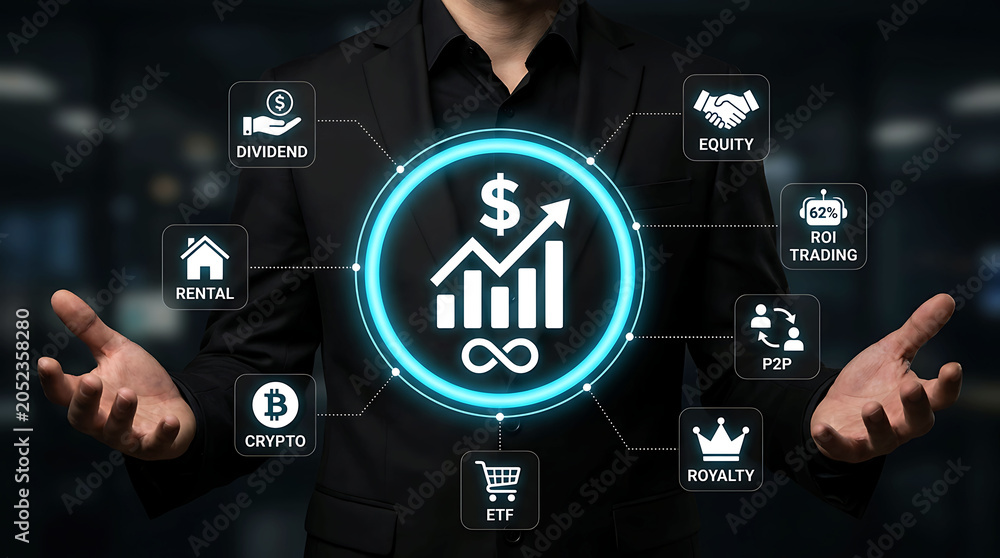 Fototapeta premium Businessman presenting financial growth icons and diversified investment options