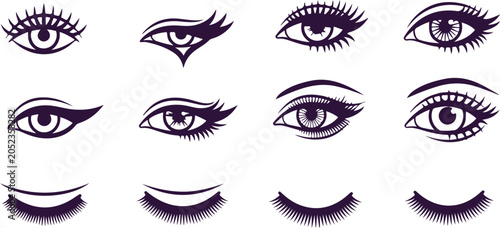 Set of eight stylized vector illustrations of female eyes with dramatic makeup and long eyelashes on transparent background.
