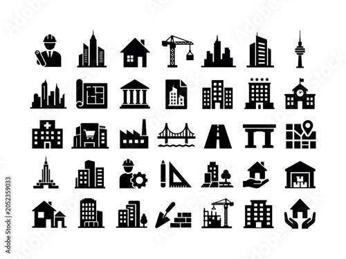 Urban Building Architecture Scene. Solid glyph icon set of buildings: skyscraper, house, apartment, office, tower, city, skyline, construction, crane, blueprint, architecture, building plan, urban,