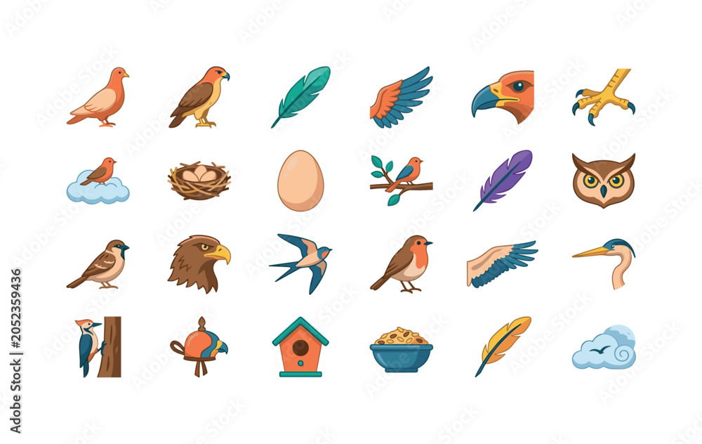 Naklejka premium Wild Avian Forms ? dove, hawk, feather, bird wing, bird beak, talon claw, cloud perch, bird nest, egg shell, branch perch, flight feather, owl face, sparrow, eagle head, swallow, robin, crane wing,