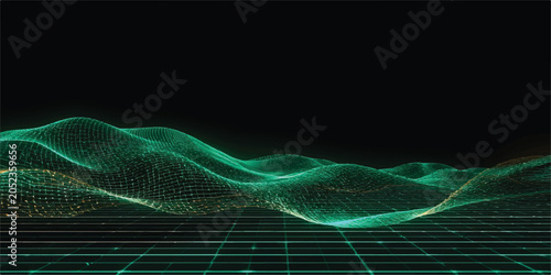 An abstract blue background featuring a sci-fi tech grid pattern with elegant glowing fractal light waves and digital information lines for a modern virtual reality concept wallpaper template