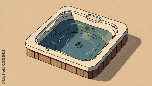 Foto A hot tub with brown wooden panels sits on a beige surface