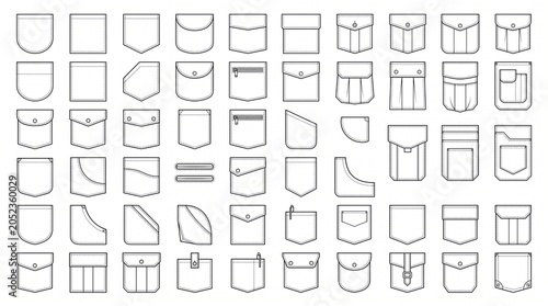 Set of Fashion Pocket Technical Sketches and Vector Icons for Garment Design