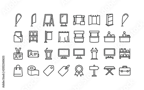 Trade Show Promo. Line icon set of advertising exhibition banners: teardrop flag, feather flag, A frame board, lightbox display, modular booth, exhibition wall, brochure pocket, catalog shelf, banner