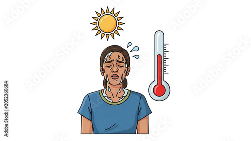 Man feels hot under the sun with sweat and thermometer nearby outside