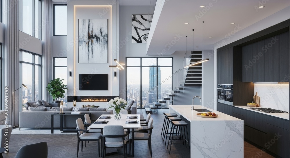 Naklejka premium Modern luxury penthouse interior with city view and abstract art