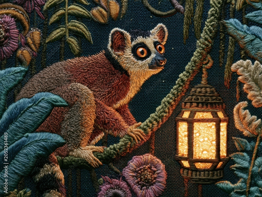 Fototapeta premium Textile Artwork Show Lemur Hold Branch with Lantern in Dark Jungle