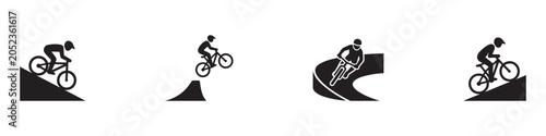 Mountain bike icon set. Cyclist jumping on ramp, downhill riding and bicycle stunt symbols. Vector illustration