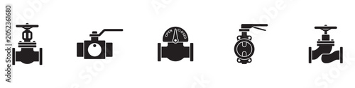 Industrial pipe valves and plumbing control icon set. Water pipeline regulator, butterfly valve, ball lever and plumbing hardware symbols. Vector illustration.