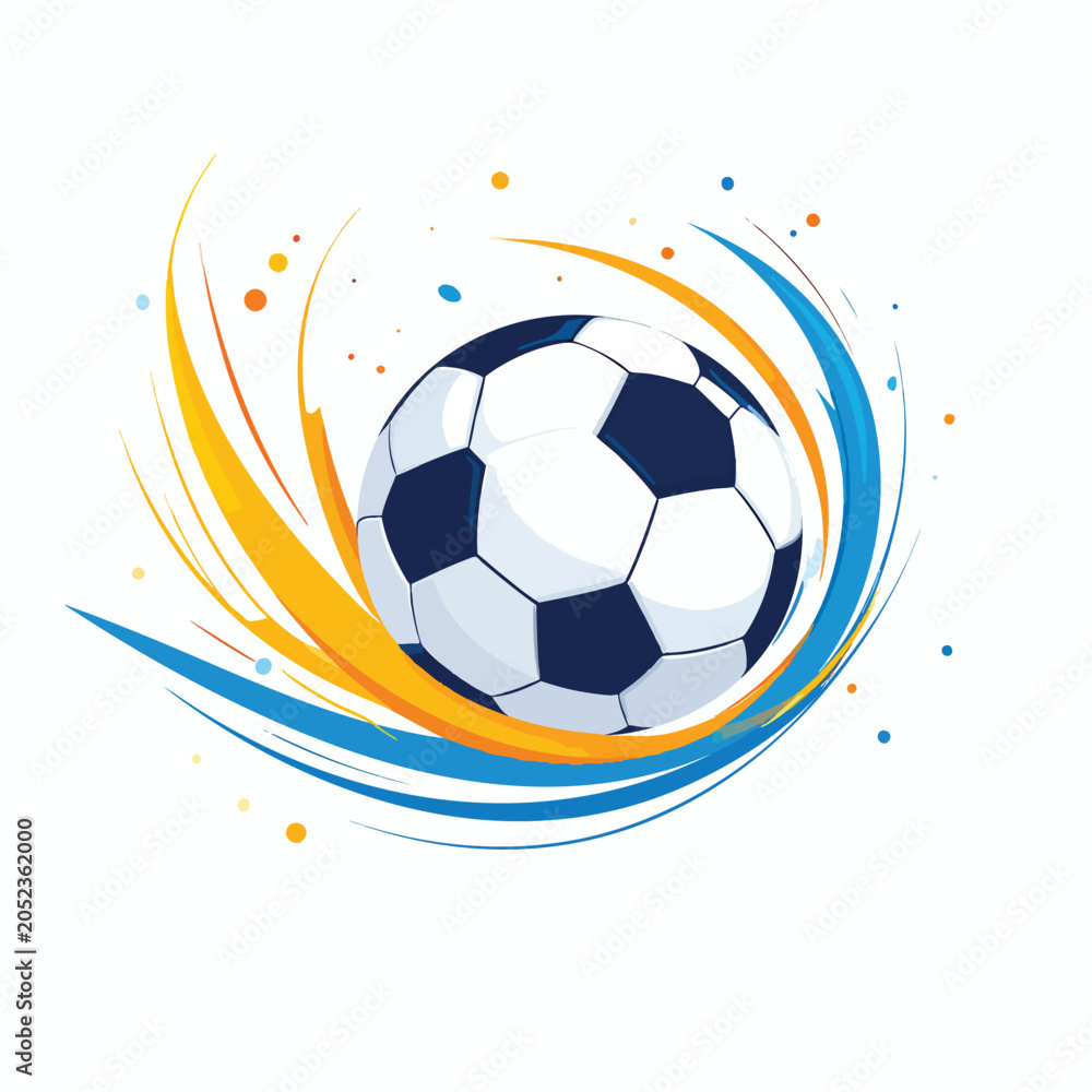 Naklejka premium Vibrant soccer ball illustration with dynamic swirls and splashes of color