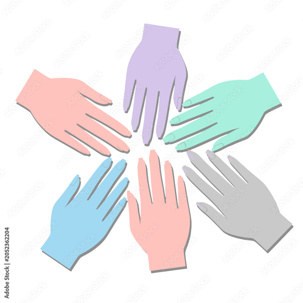 Fototapeta premium A circular arrangement of colorful stylized hands representing unity and teamwork