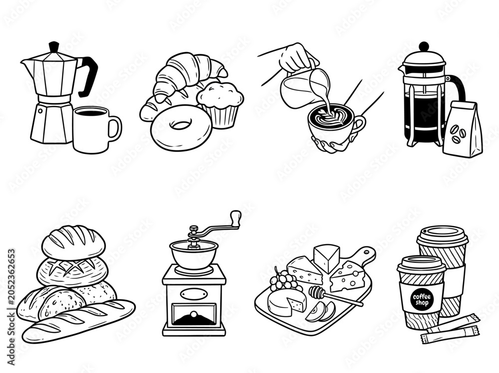Fototapeta premium Coffee and bakery food icons set with black and white line art vector graphic illustration