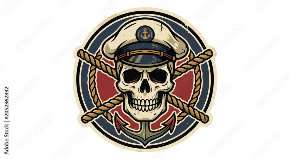 Fototapeta premium Vintage nautical skull emblem with sailor hat and anchors