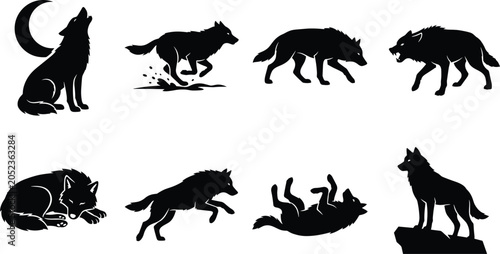 Foto Wild wolf silhouette icons set with various poses including howling at the moon