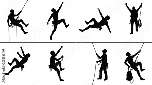Foto Rock climbing and mountaineering vector silhouette icons set with climbers scali