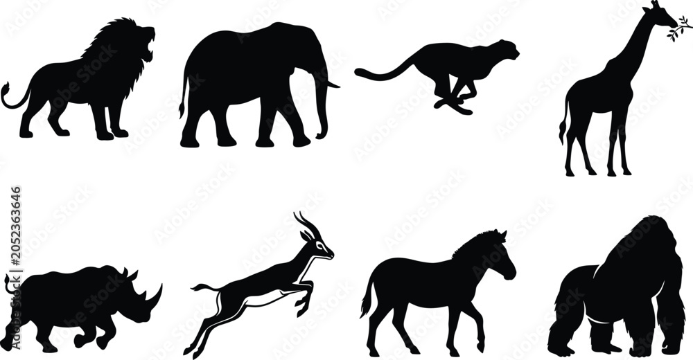 Ταπετσαρία African safari wild animals black silhouette icons set featuring lion elephant c