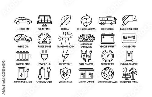 Electric Vehicle Charging. Line icon set of electric vehicle transport: electric car, hybrid car, battery pack, charging station, solar panel, range gauge, power plug, charging cable, eco leaf,