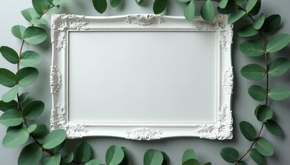 Ornate white frame adorned with fresh green leaves on soft grey backdrop. Minimalist design, natural elements, empty space for text. Elegant decoration, organic border composition.