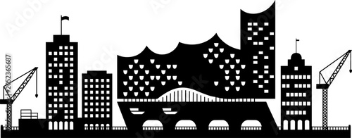 City skyline silhouette with modern buildings and cranes under construction, urban architectural landscape in black and white and architecture and sit