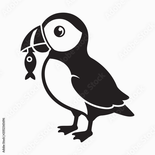Puffin with Fish Silhouette – Cartoon Bird Vector Icon
