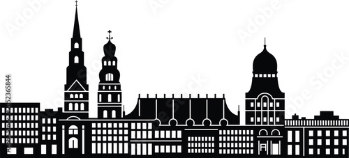 City skyline with diverse buildings including churches and residential architecture, presented in a clean silhouette