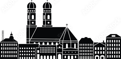 City skyline with prominent twin-towered church and various building structures in silhouette style and facade, digital