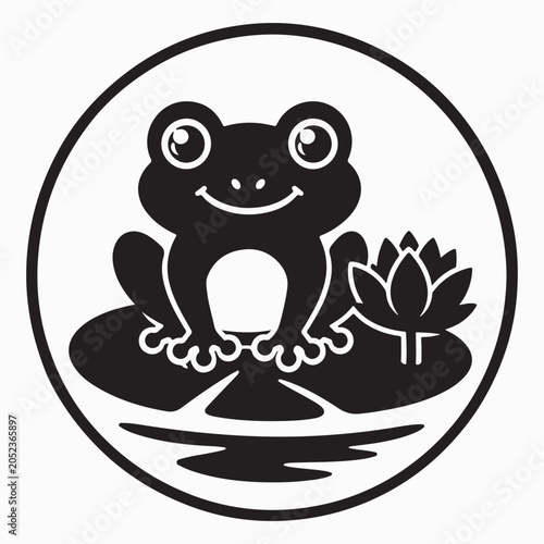 Cute Frog on Water Lily Pad Silhouette – Cartoon Mascot Vector Icon, Minimalist Black Vector Illustration