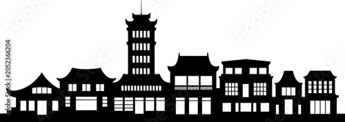 Silhouette of traditional east asian buildings and a tall pagoda tower with intricate rooftops and windows and city, architecture