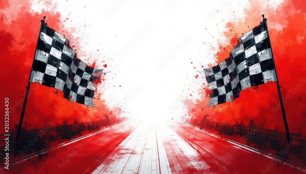 Naklejka premium Two checkered flags wave on red abstract background. Race track appears with white lines and red streaks. This graphic suggests winning and competition. Use for sports, auto racing, or victory themes.