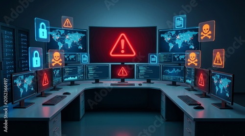 Global Cybersecurity Threat Alert System Monitoring Data Breach Risk in a high-tech control room for robust network security solutions.