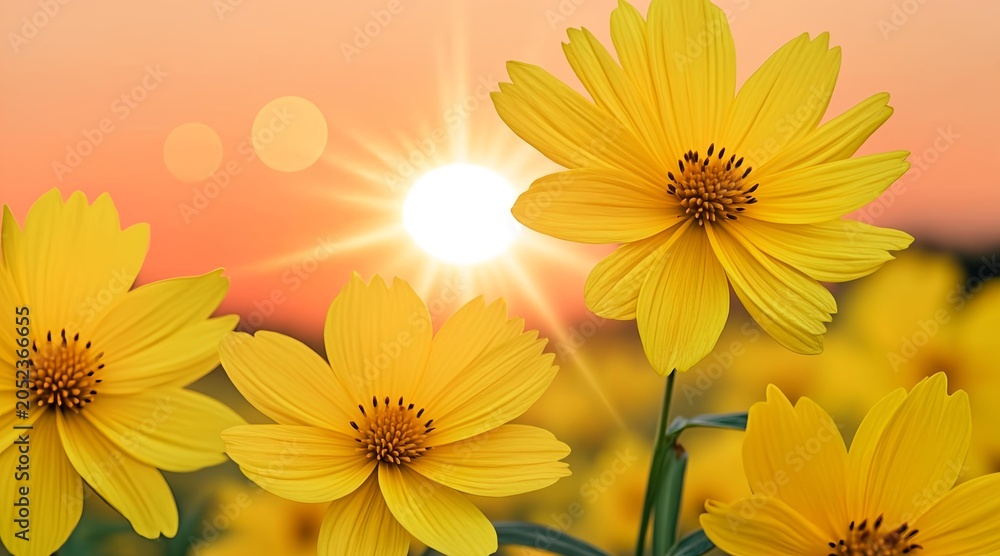 Obraz premium Yellow coreopsis wildflowers blooming in a meadow under a bright glowing sunset