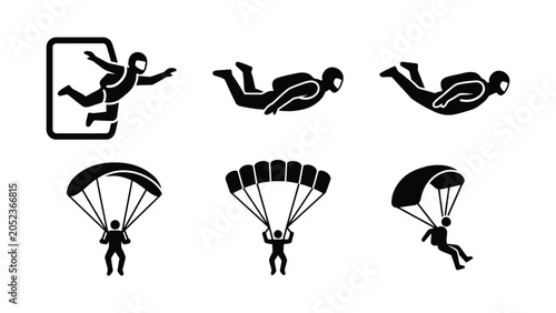Set of black icons representing skydivers and parachutists in various flight positions.
