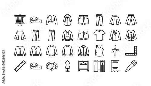 Garment Sizing Pack. Line icon set of clothing size and fit: measuring chart board, tailor tape, cropped jacket, long coat, short pants, tapered jeans, flared skirt, bootcut denim, relaxed hoodie,