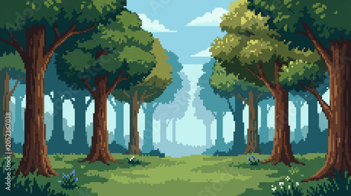 Pixel art forest background with tall trees and peaceful woodland path