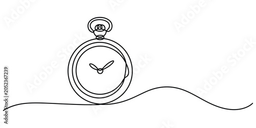 Continuous single line drawing of an old vintage pocket watch time icon