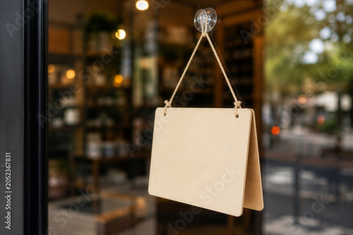 Blank double-sided hanging sign on storefront window with copy space for business communication